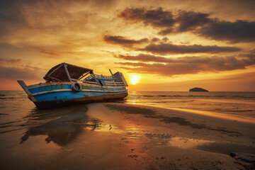 Beached fishing boat during sunset at Otres beach in Sihanoukville