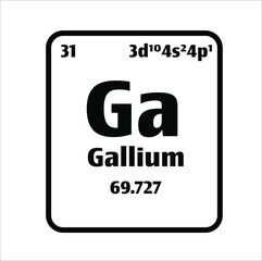 Gallium (Ga) button on black and white background on the periodic table of elements with atomic number or a chemistry science concept or experiment.	