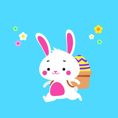 Cute easter bunny running with a holiday basket with giant egg. Festive concept