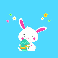 Cute easter bunny hugging giant festive egg smiling