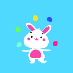 Obraz na płótnie Canvas Cute easter bunny juggling colorful easter eggs. Happy festive concept