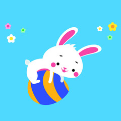Cute easter bunny riding on a giant egg celebrating holday 