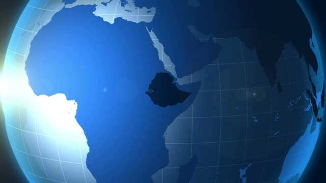 Ethiopia. Zooming into Federal Democratic Republic of Ethiopia on the globe.