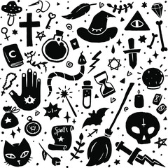 Cute occult witch accesories and props. Mystic, magic, doodles. Hand drawn set. Hand, runes, dagger, broom etc.