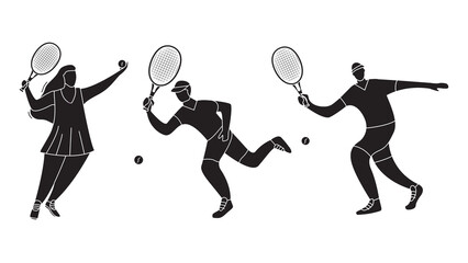 Plakat Young girl play a sport game black silhouette isolated on white background.A man doing sport. Vector illustration.Tennis player with racquet.