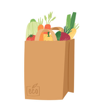 Paper shopping bag with vegetables for eco friendly living. Vegan zero waste concept. Colorful hand drawn vector illustration design for banner, card, poster. Say NO to plastic