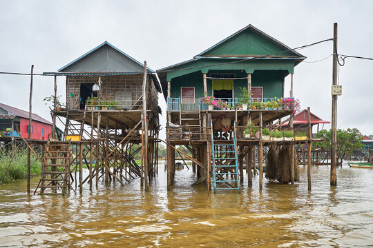 Rural stilt houses of Kampong Phluk floating village at Tonle Sap Lake