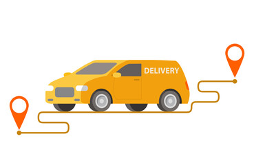 Fototapeta premium Delivery yellow hatchback carrying parcels on points.Vector illustration.Cargo car.