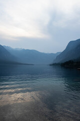 Misty view of the mountains at lake Bohinj in Slovenia