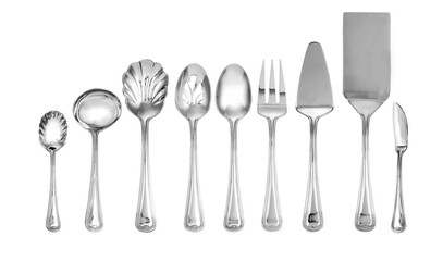 Silver cutlery set on isolated on white background. spoons, forks and knife