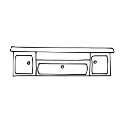 Vector drawing of a low long TV table. Sketch stile. A linear pattern. Black and white doodles Isolated on a white background. Modern furniture for bedroom, study, living room.