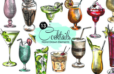 Colorful sketch set of cocktails. strawberry milkshake, chocolate milkshake, green cocktail in a margarita glass, cocktail in a snifter, red cocktail, cocoa milkshake, martini cocktail with olives