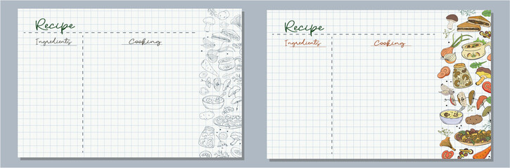 School sheets of paper with images of mushrooms and mushroom dishes for writing delicious recipes for your dishes