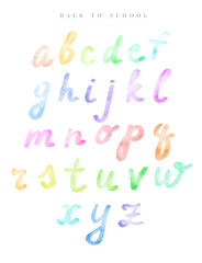 Watercolor colorful alphabet. Grunge handwritten type set. Rough vector painted font. Modern Watercolor Font Alphabet with Brushed Lettering Painted Letters