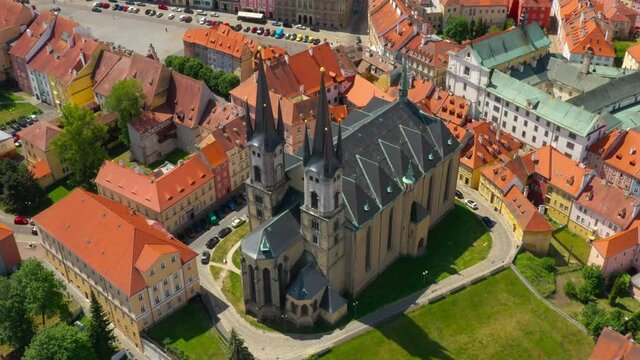 Aerial view to church of St. Nicolas in Cheb. This monument was built in the early 13th century as a Romanesque basilica. Famous landmark in Czech Republic, Central Europe.