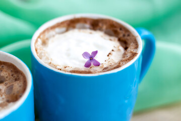 Cappuccino coffee in beautiful blue cups. Spring mood with a Cup of coffee.