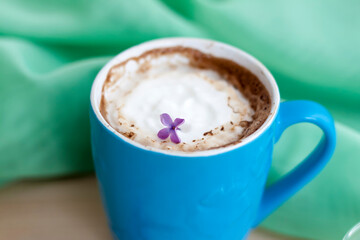 Cappuccino coffee in beautiful blue cups. Spring mood with a Cup of coffee.