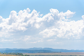 Fototapeta premium Rural landscape of the Pampa biome in Brazil and high cumulunimbus clouds in the background