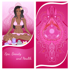 Vector illustration of a vertical banner template with a african girl in the lotus position. Design for a spa, massage and beauty salon, relax, organic health care products, yoga studio