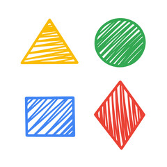 Triangle, square, circle, rhombus. Children's drawings. Geometric figures. Hand drawn doodle. Children's drawn geometric shapes. Doodle vector design element. Color easy to edit. 