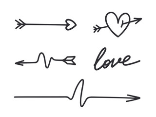 Hand drawn arrows. Black arrows. Cupid's arrow. Vector arrows set. 
Valentines day symbol. Heart icon. Hand drawn doodle. Love sign. 