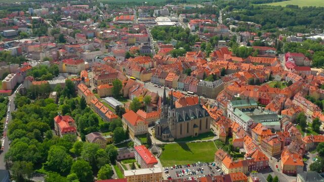 Aerial view to church of St. Nicolas in Cheb. This monument was built in the early 13th century as a Romanesque basilica. Famous landmark in Czech Republic, Central Europe.