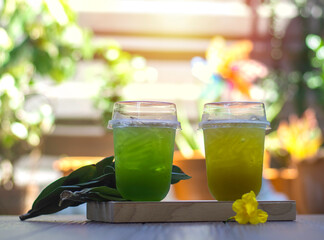 Two types of iced green tea placed in a wooden tray with a sunny garden background