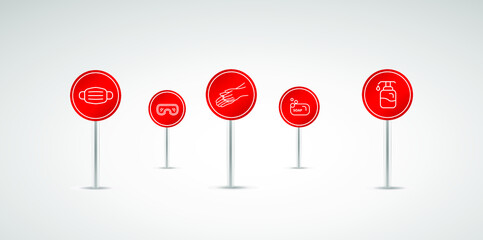 Personal protection equipment icons - medical mask, latex gloves, soap, dispenser, protective glasses. Coronavirus, covid 19 prevention items. Line, outline symbols. Mask icon. Vector illustration
