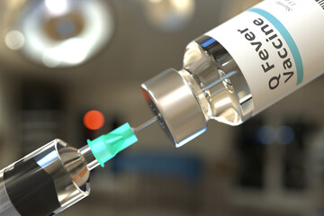 Glass vial with Q fever vaccine and needle of a syringe. 3D rendering