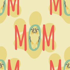 Dog mom seamless pattern background with Australian Shepherd or Aussie in retro style. Vintage dog puppy background. Hand drawn childish vector illustration. Great for wallpaper, mother's day design.