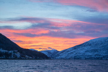 Sunrise with pink sky over Kaldfjord Norway