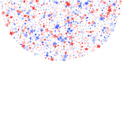 Flying red blue white star sparkles on white vector american patriotic background.