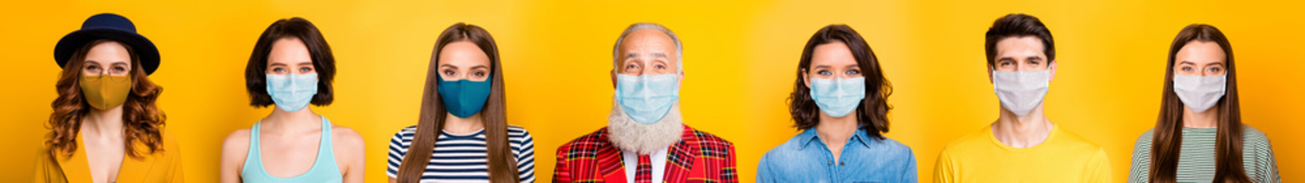 Stay at home covid-2019 fashion trend concept. Photo portrait montage composite multiple image of happy conscious group of people having sterile masks isolated on bright yellow background