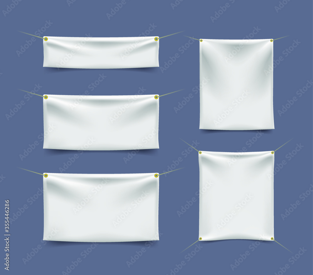 Poster set of white textile banners with folds with ropes on color background . isolated vector elements