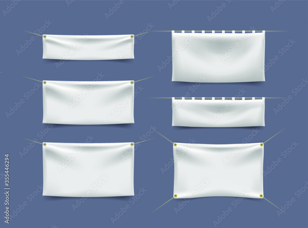 Poster set of white textile banners with folds with ropes on color background . isolated vector elements