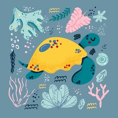 Naklejka na ściany i meble Turtle cute doodle hand drawn flat vector illustration. Wild sea marine animal vector, poster floral background. Grass branches with leaves, flowers and spots design element. Sea, ocean, marine