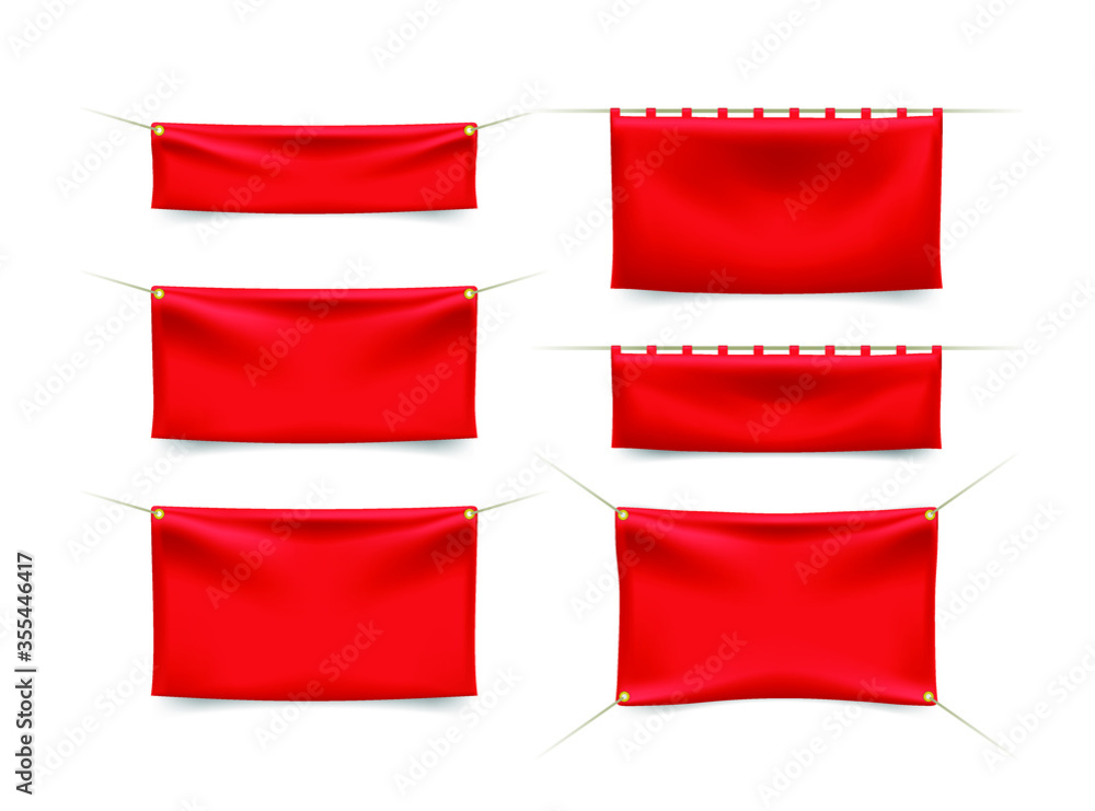 Poster set of red textile banners with folds with ropes on white background . isolated vector elements