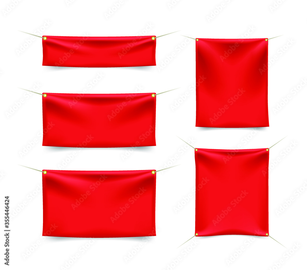 Poster set of red textile banners with folds with ropes on white background . isolated vector elements
