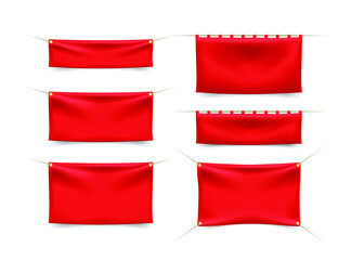 Set of Red Textile Banners with Folds with Ropes on White Background . Isolated Vector Elements 