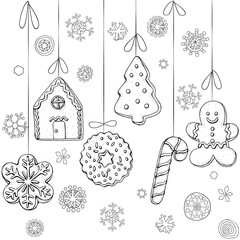 Winter pattern with Christmas hand-drawn decorative elements in vector. Christmas gingerbread cookies, holiday baking.  Coloring book page for adults. Black and white.