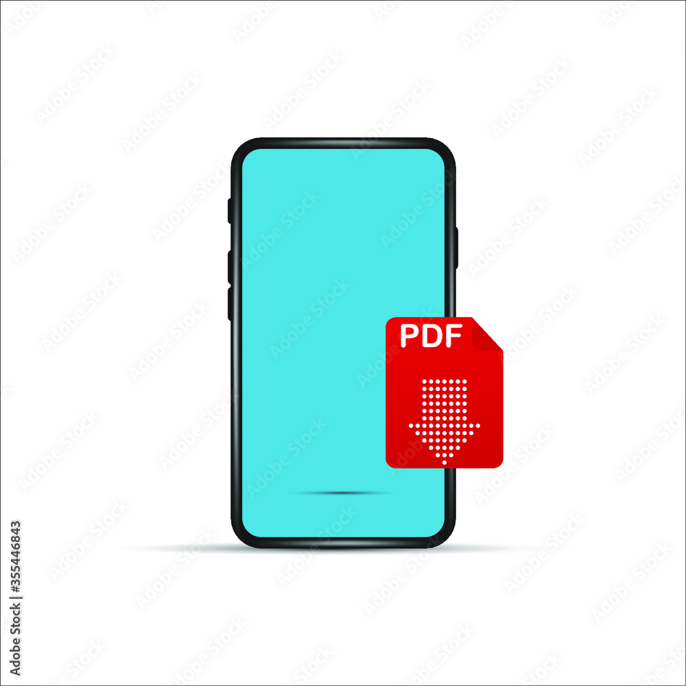 Poster download pdf file by cartoon mobile phone. concept of upload files to your telephone such as docs bo