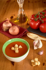 Tomato Gazpacho Cook Onion Garlic Spoon Toasted Bread selective focus
