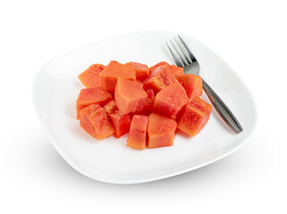 Ripe papaya slice with plate and fork isolated on white background