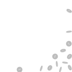 American dollar coins falling. Scattered black and