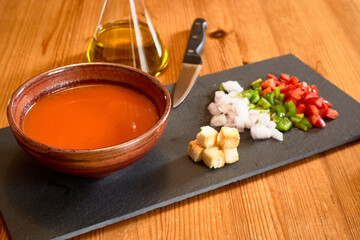 Tomato Gazpacho Cook Onion Garlic Spoon Toasted Bread selective focus