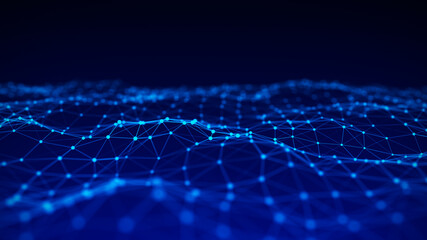 Abstract network connection with dots and lines on dark blue background. 3D rendering.