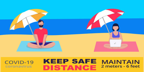 Social distancing and coronavirus covid-19 prevention: maintain a safe distance from others. Man and woman rest on the beaches. Can used for banner, poster, website design, social media