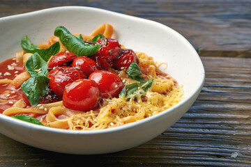 Homemade, Italian pasta - spaghetti with tomatoes and cheese in a bowl on a wooden background