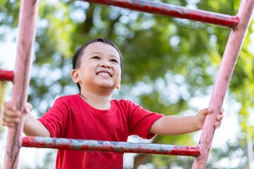 Fototapeta premium little boy smiling and climbing on kid ladder in playground