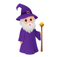 Wizard with magic wand, old cartoon magician fairytale character